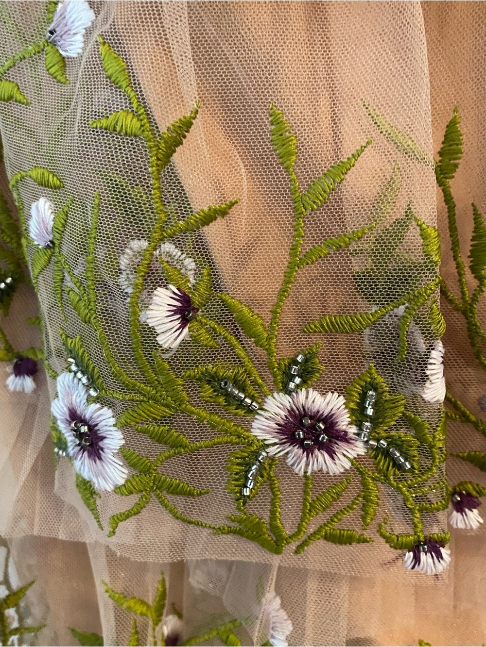 Tiered Nude Tulle Gown with Floral Embroidery - Picture 6 of 8